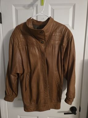 Women's Tan Leather Bomber Jacket with Stand Collar